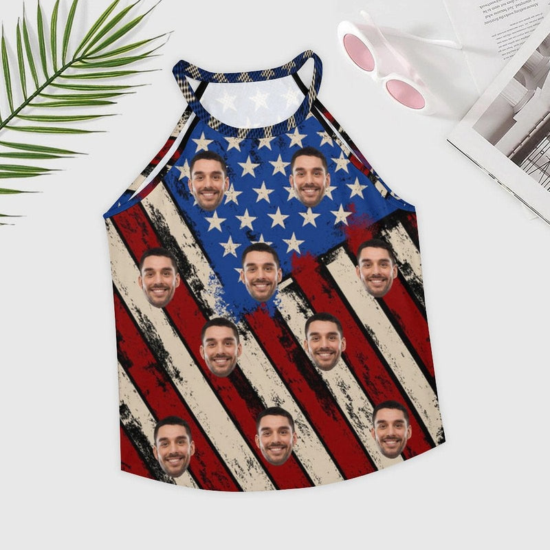 Women's Top with Custom Face American Flag Summer Halterneck Strapless Vest Print Tank Tops with Photo for Independence Day