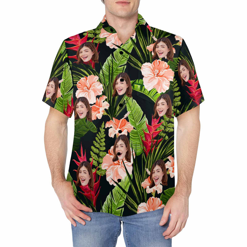 Custom Face Tropical Plant Pattern Men's Crinkle Thin Hawaiian Shirt