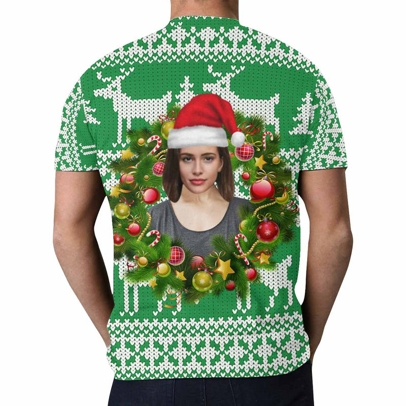 Custom Face Green Christmas Wreath Tee Put Your Photo on Shirt Unique Design Men's All Over Print T-shirt