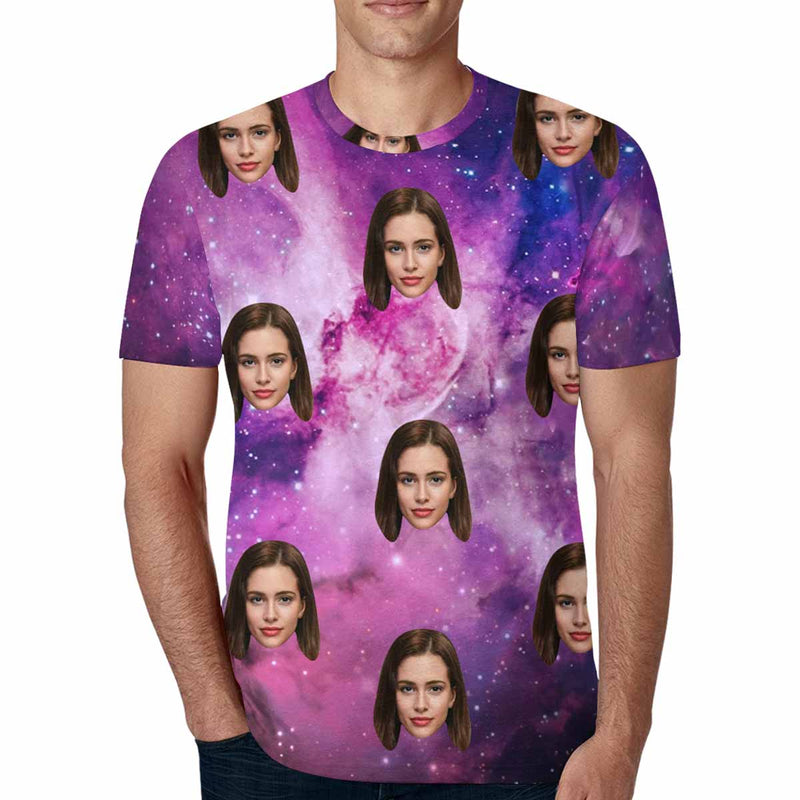 Custom Face Purple Starry Sky Tee Put Your Photo on Shirt Unique Design Men's All Over Print T-shirt