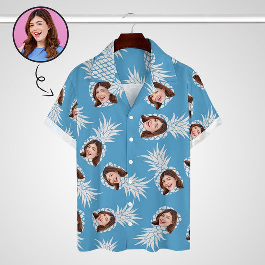 Custom Face Pineapple Blue Men's Lapel Shirt Cuban Collar Hawaiian Shirt