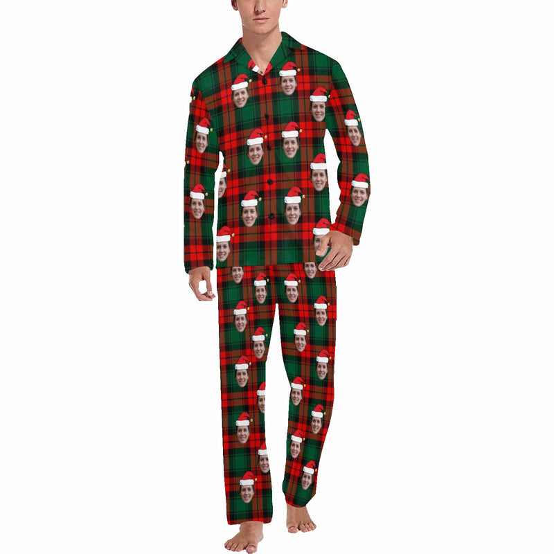 Custom Face Pajamas Red&Green Lattice Sleepwear Personalized Men's Long Pajama Set