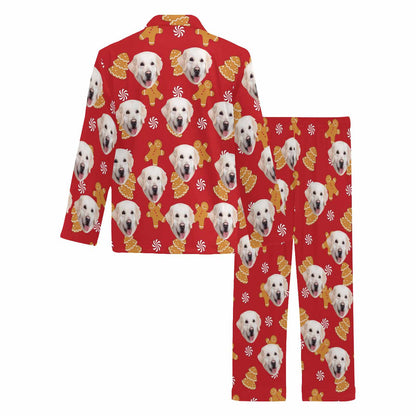 Custom Pet Face Pajamas Cookie Red Sleepwear Personalized Men's Long Pajama Set