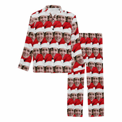 Custom Face Pajamas Seamless Christmas Hat Sleepwear Personalized Men's Long Pajama Set