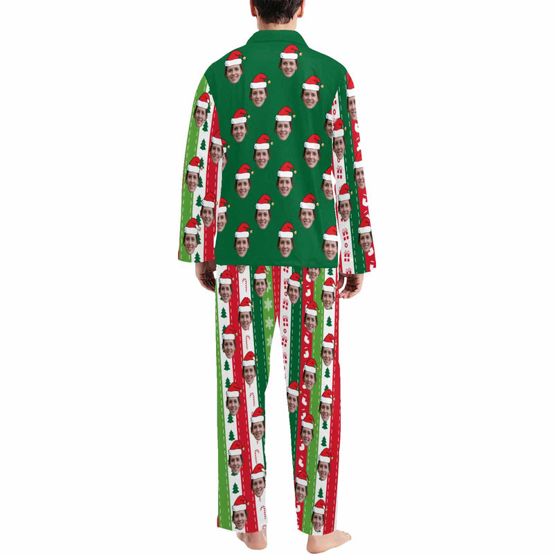 Custom Face Pajamas Red&Green Vertical Stripe Sleepwear Personalized Men's Long Pajama Set