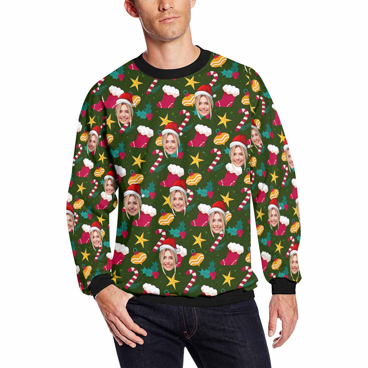 Personalized Christmas Stocking Sweater With Face, Custom Photo Men's All Over Print Crewneck Sweatshirt