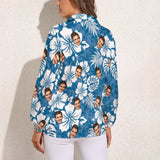 Custom Face Blue Background White Leaves Vntage Casual Long Sleeve Hawaiian Shirts