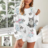 Custom Face Flowers White Women's Pajama Set Long Sleeve Top and Shorts Personalized Loungewear Tracksuits