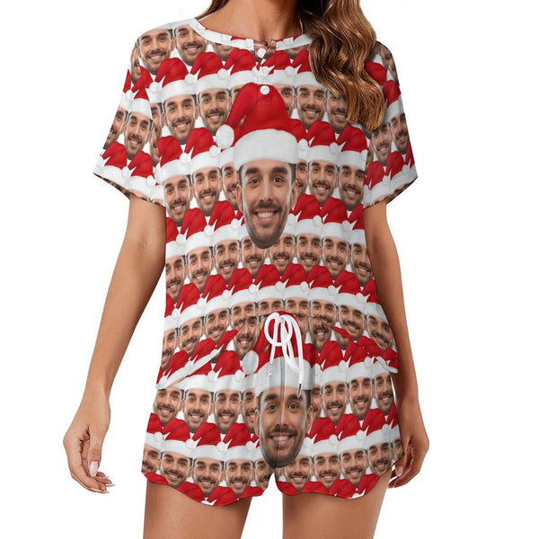 Custom Face Seamless Christmas Hat Print Pajama Set Women's Short Sleeve Top and Shorts Loungewear Athletic Tracksuits