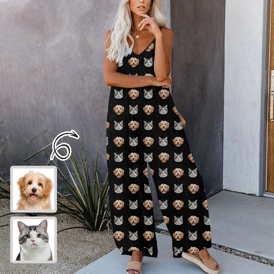 Custom Pet Face  Black Women's Suspender Jumpsuit Loungewear Persoanlized Sleepwear