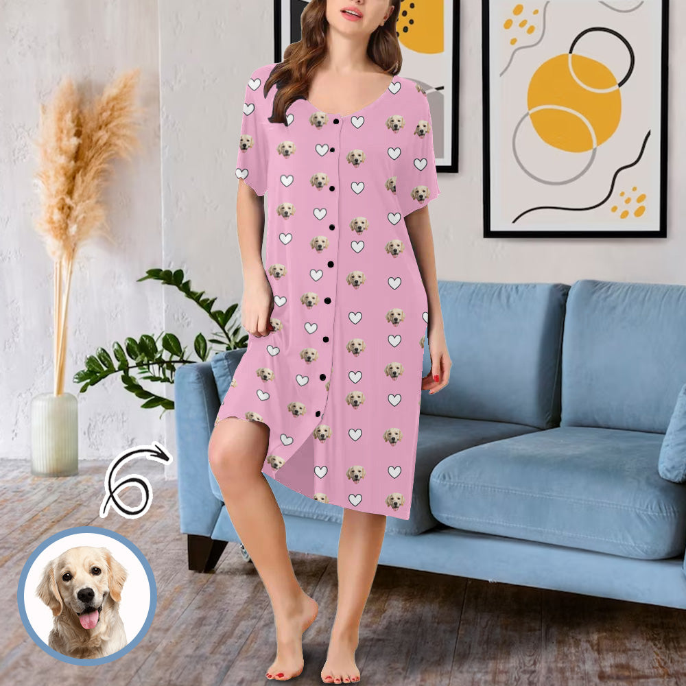 Custom Face Heart Pink Women's Short Sleeve Nightshirt Button Down Baggy Nightgown Under Knee Sleepwear Pajama Dress