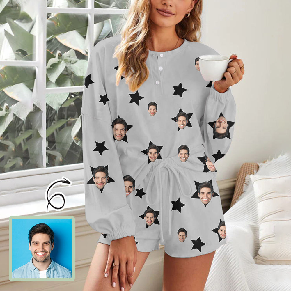 Custom Face Stars Grey Women's Pajama Set Long Sleeve Top and Shorts Personalized Loungewear Tracksuits