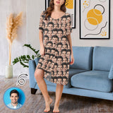 Custom Seamless Face Women's Short Sleeve Nightshirt Button Down Baggy Nightgown Under Knee Sleepwear Pajama Dress