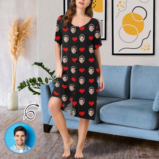 Custom Face Love Heart Black Women's Short Sleeve Nightshirt Button Down Baggy Nightgown Under Knee Sleepwear Pajama Dress