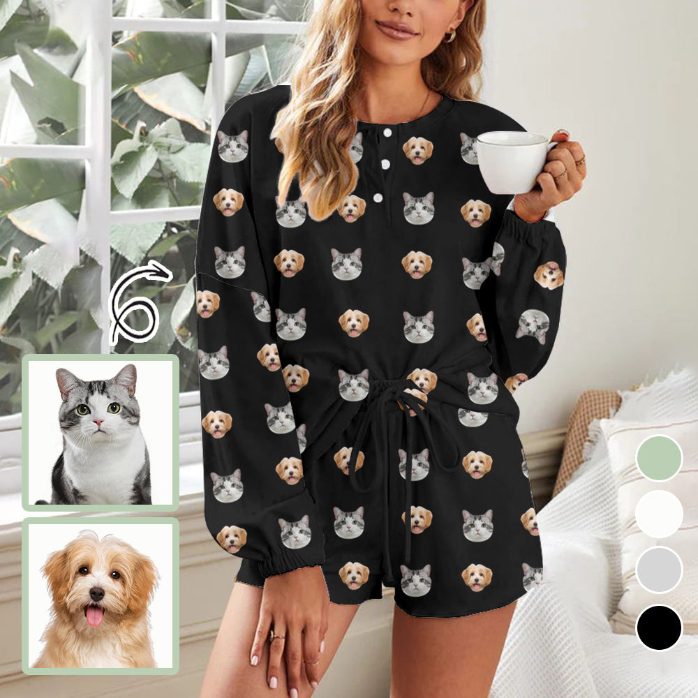 Custom Pet Face Women's Pajama Set Long Sleeve Top and Shorts Personalized Loungewear Tracksuits