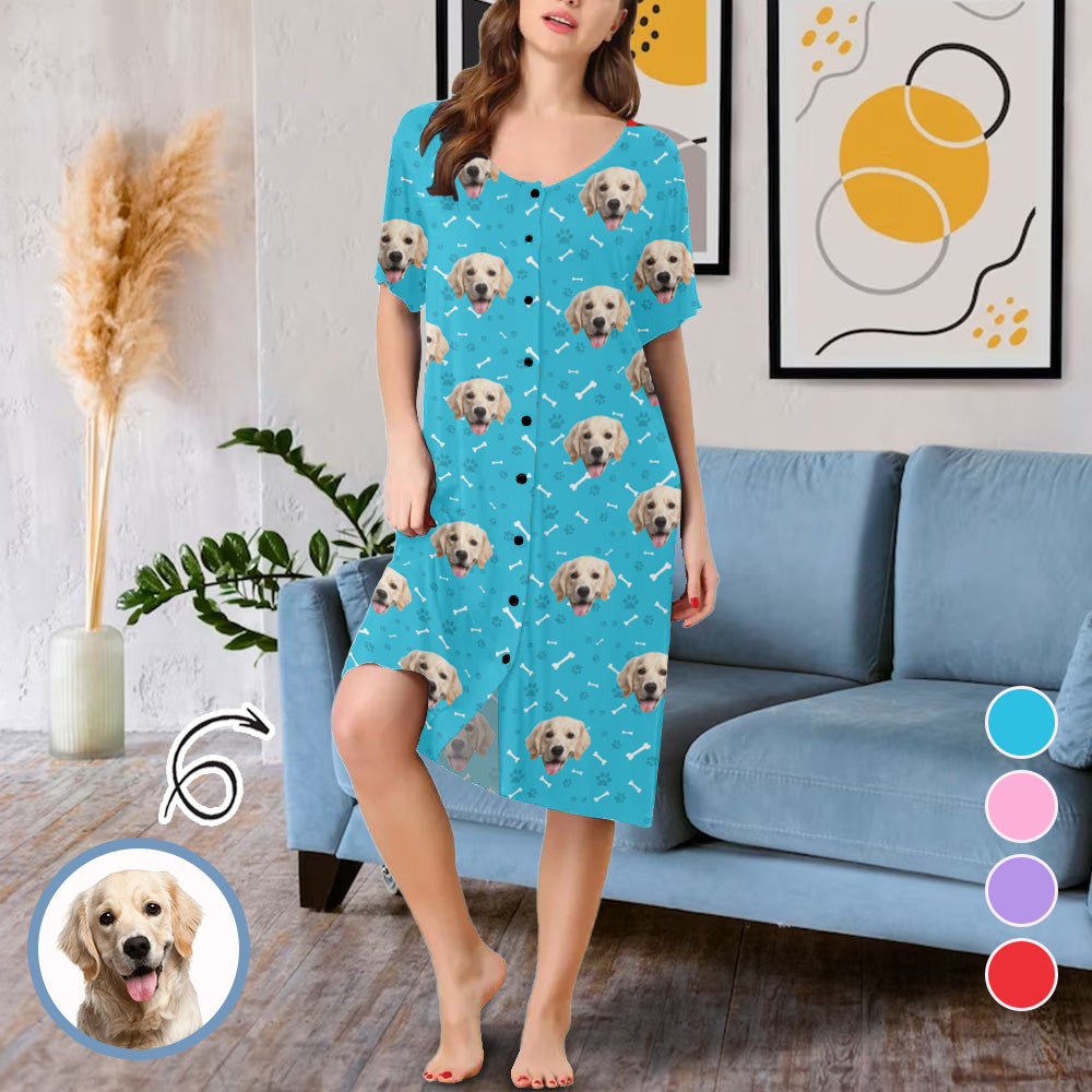 Custom Pet Face Multicolor Women's Short Sleeve Nightshirt Button Down Baggy Nightgown Under Knee Sleepwear Pajama Dress