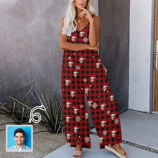 Custom Red Plaid Christmas Hat Women's Suspender Jumpsuit Loungewear Persoanlized Sleepwear