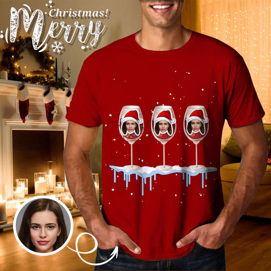 Custom Face Wine Glass Christmas Tee Put Your Photo on Shirt Unique Design Men's All Over Print T-shirt