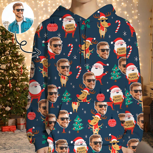 Printing Santa Claus&Elk Hoodie with Face, Custom Men's All Over Print Hoodie Surprise Gifts for Dad Husband Boyfriend