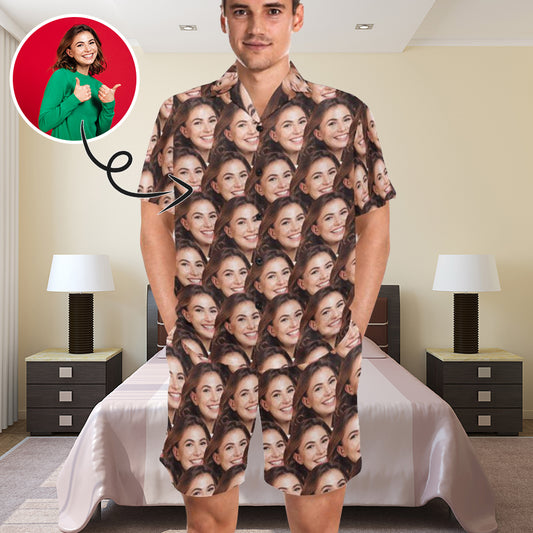 Personalized Pajamas Loungewear Custom Girlfriend's Face Men's V-Neck Short Pajama Set