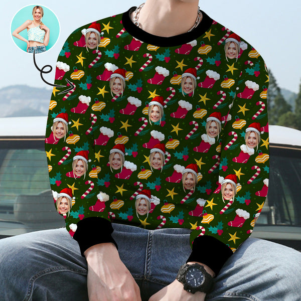 Personalized Christmas Stocking Sweater With Face, Custom Photo Men's All Over Print Crewneck Sweatshirt