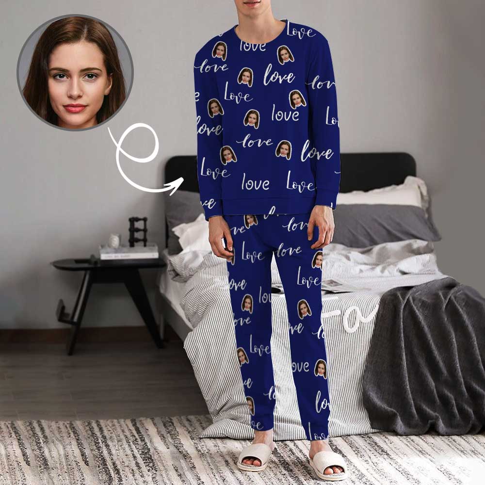 Custom Face Love My Treasure Navy Blue Men's Long Pajama Set