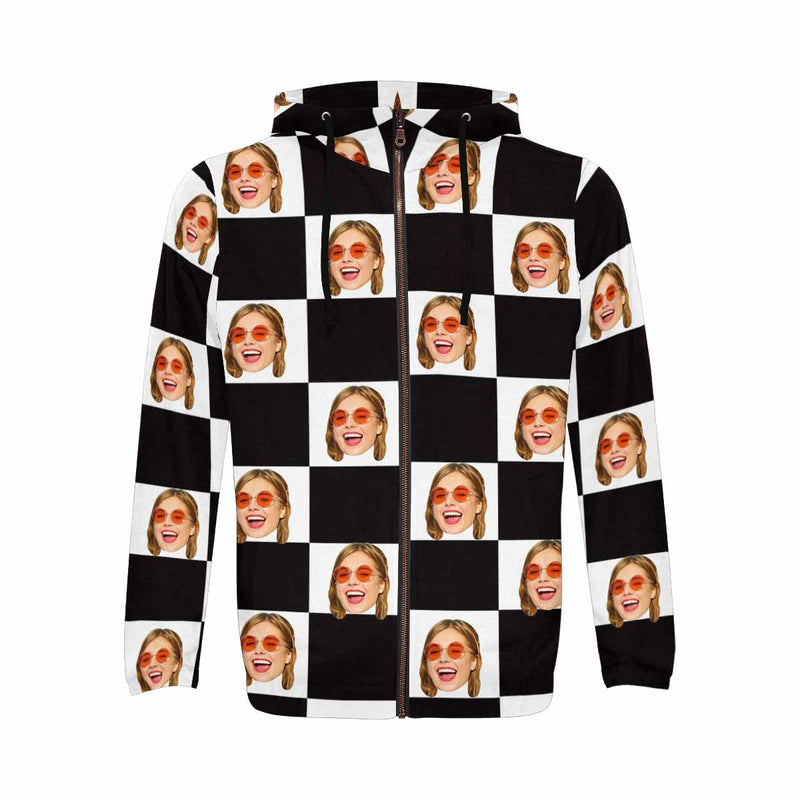 Custom Face Black&White Checkerboard Men's All Over Print Full Zip Hoodie