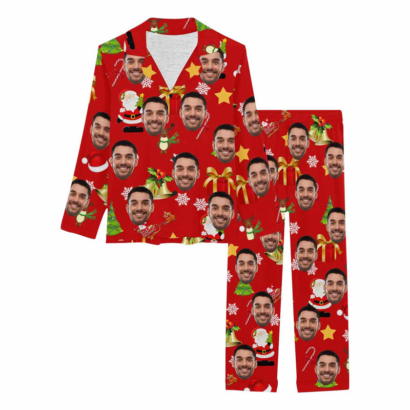 Custom Face Pajamas Santa Claus&Elk Red Sleepwear Personalized Women's Long Pajama Set