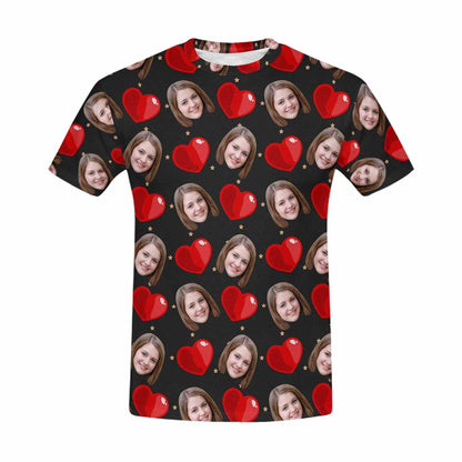 Custom Face Red Love Shape Tee Put Your Photo on Shirt Unique Design Men's All Over Print T-shirt