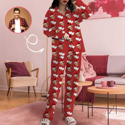 Custom Face Red Love Heart Women's Long Pajama Set