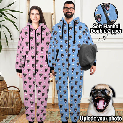 Custom Pet Face Onesie Pajamas Flannel Fleece Adult Jumpsuit Homewear