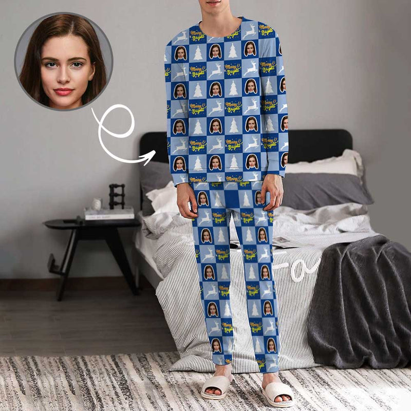 Custom Face Christmas Tree and Elk Blue Grids Men's Long Pajama Set