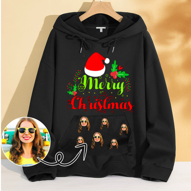 Printing Merry Christmas&Hat Hoodie with Face, Custom Women's All Over Print Hoodie Surprise Gifts for Mon Wife Girlfriend