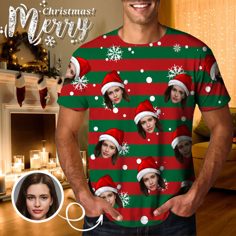 Custom Face Red&Green Stripes Christmas Tee Put Your Photo on Shirt Unique Design Men's All Over Print T-shirt