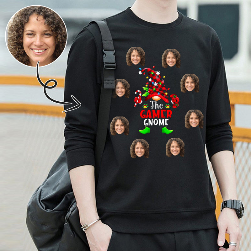 Personalized The Gamer Gnome Sweater With Face, Custom Photo Men's All Over Print Crewneck Sweatshirt
