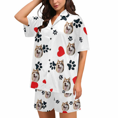 Custom Face Pet With Heart Loungewear Personalized Photo Sleepwear Women's V-Neck Short Pajama Set