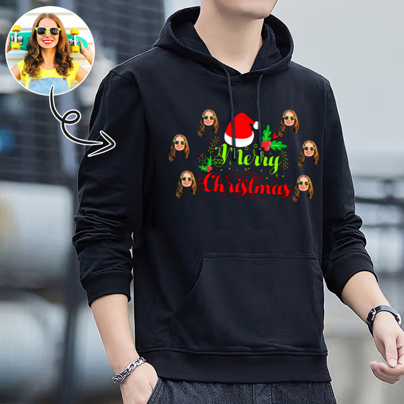 Printing Merry Christmas Hoodie with Face, Custom Men's All Over Print Hoodie Surprise Gifts for Dad Husband Boyfriend