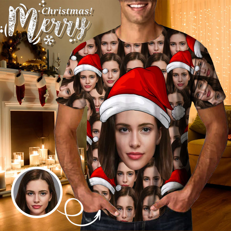 Custom Face Red Christmas Hat Tee Put Your Photo on Shirt Unique Design Men's All Over Print T-shirt