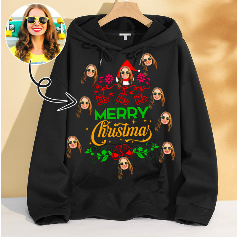 Printing Merry Christmas Bouquet Hoodie with Face, Custom Women's All Over Print Hoodie Surprise Gifts for Mon Wife Girlfriend
