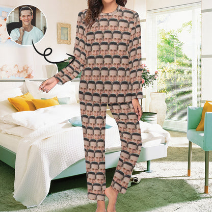 Custom Face Pajamas Boyfriend Seamless Sleepwear Personalized Women's Crewneck Long Pajamas Set