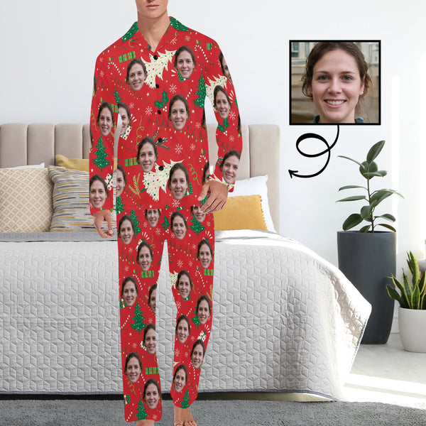 Custom Face Pajamas Green Tree Red Sleepwear Personalized Men's Long Pajama Set