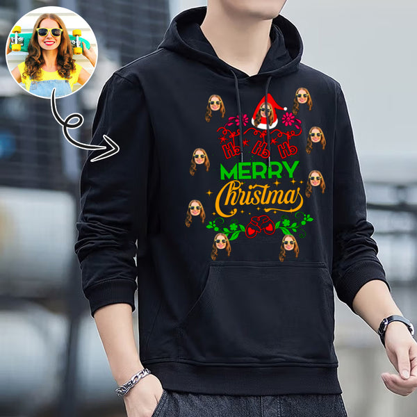 Printing Full Merry Christmas Hoodie with Face, Custom Men's All Over Print Hoodie Surprise Gifts for Dad Husband Boyfriend