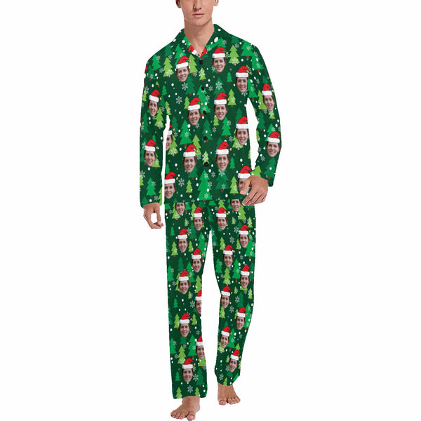 Custom Face Pajamas Christmas Tree Green Sleepwear Personalized Men's Long Pajama Set