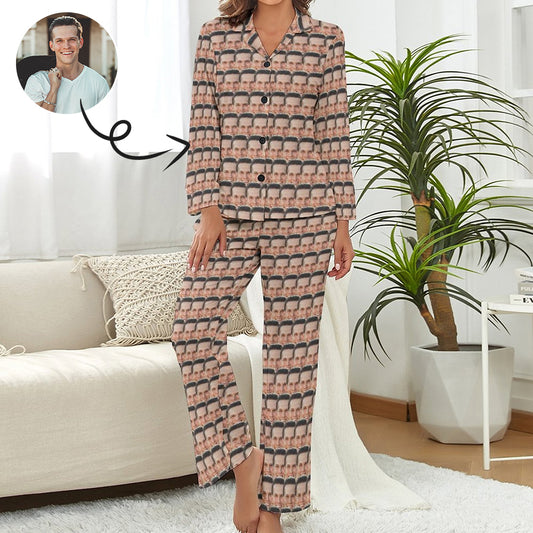 Custom Face Pajamas Boyfriend Seamless Sleepwear Personalized Women's Long Pajama Set