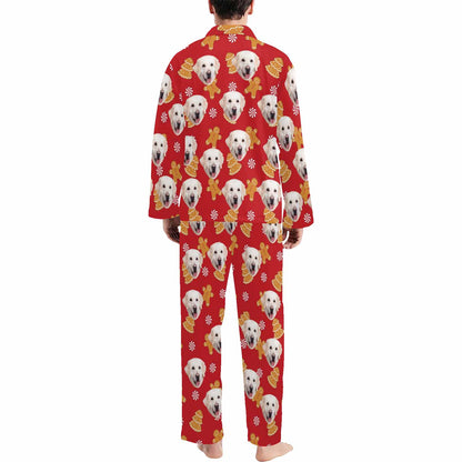 Custom Pet Face Pajamas Cookie Red Sleepwear Personalized Men's Long Pajama Set