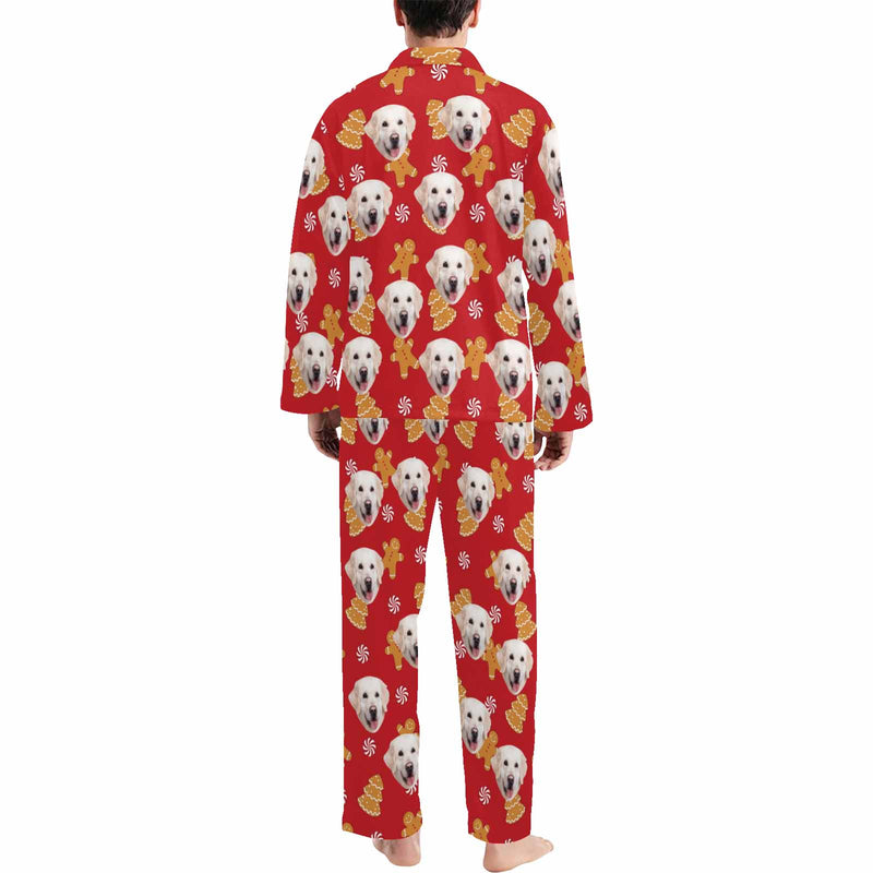 Custom Pet Face Pajamas Cookie Red Sleepwear Personalized Men's Long Pajama Set