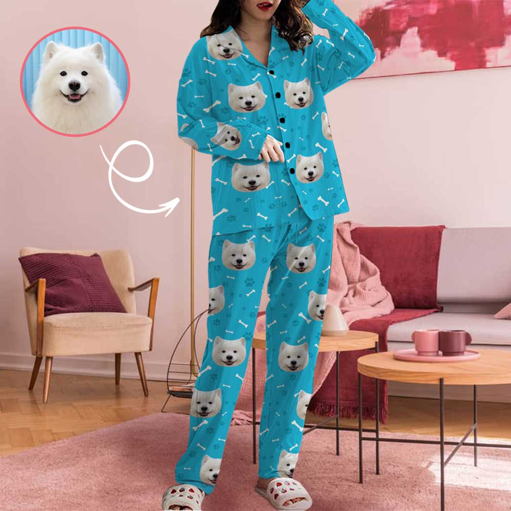 Custom Face My Pet Dog Paw and Bone Women's Long Pajama Set