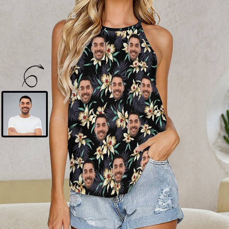 Custom Face Tops Tropical Flowers Black Halterneck Strapless Print Vest Shirt Women's Loose Tank Tops for Holiday