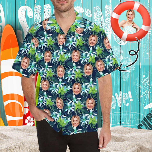 Custom Face Green Leaves Men's All Over Print Hawaiian Shirt, Personalized Aloha Shirt With Photo Summer Beach Party As Gift for Vacation