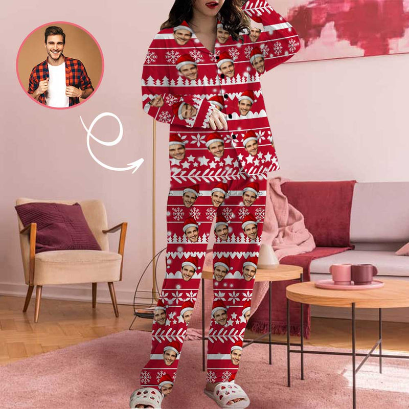 Custom Face Christmas Snowflake Tree Women's Long Pajama Set